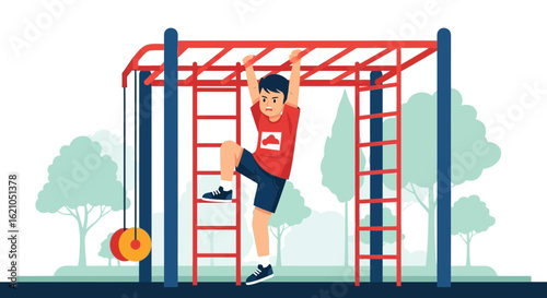 Illustration of a boy climbing on playground equipment in a park setting outdoors showcasing recreational activity and physical fitness