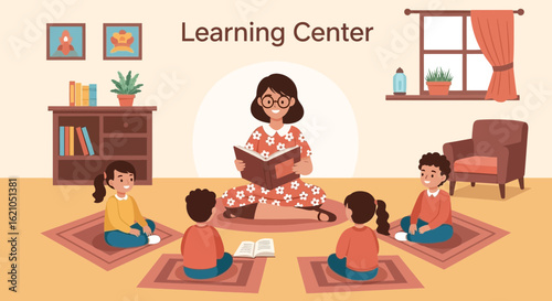 Teacher Reading Story For Students In Preschool Classroom Illustration