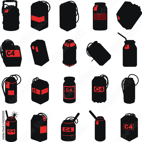 Vector Illustration and Icon Set of Bombs and Explosives. C4 Explosives and Dynamite Blocks with Fuses, Isolated on White Background for Security and Military Design.