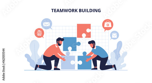 Teamwork and collaboration concept illustration, people putting puzzle pieces together, building business strategy, corporate success, achieving common goals