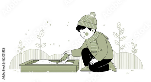 Illustration of a boy in winter clothes feeding a bird in a bird feeder outdoors
