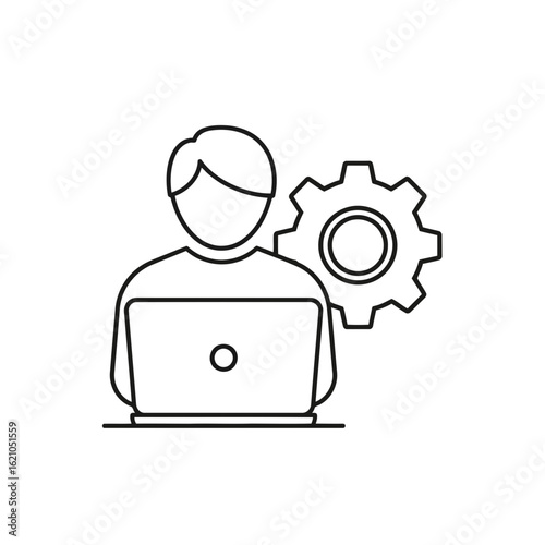 Vector icon of person working on a laptop computer next to a gear icon, symbolizing technology, business operations, and professional skills, isolated on white background