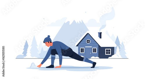 Winter Morning Stretch Routine With A Cozy Mountain Cabin Scenery Illustration
