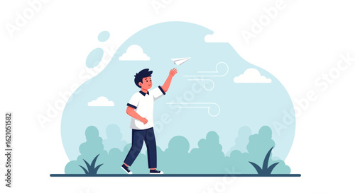 Illustration of a boy launching a paper airplane representing dreams and aspirations vector graphics showing childhood memories and playfulness