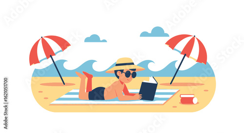 Illustration of a boy reading a book under the sun near the beach with two beach umbrellas enjoying summer vacation