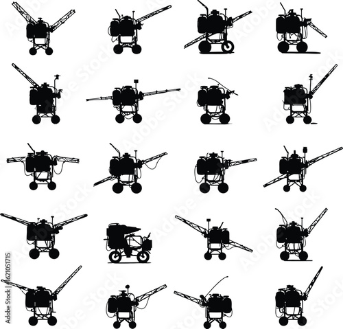 Vector and Illustration Set of Chemical Sprayer Silhouettes. Various Pest Control and Agricultural Equipment Designs for Farming and Gardening.