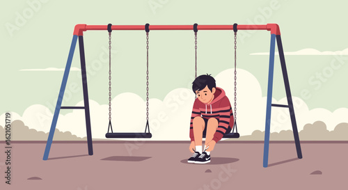 Illustration of a boy sitting on a swing tying his shoelaces in a park setting showing childhood