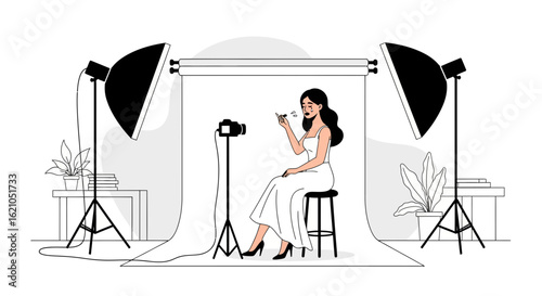 Woman applying makeup in a studio setup creating content for a blog or tutorial video about beauty and fashion