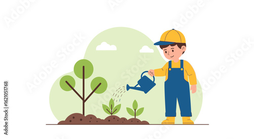 Illustration of a boy with a watering can irrigating plants in a garden scene