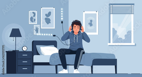 Teenage Boy Relaxes Listening To Music On Headphones In His Bedroom