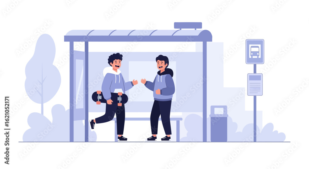 Obraz premium Teenagers meeting at a bus stop, one carrying a skateboard, friendship vector illustration, urban scene, stylish