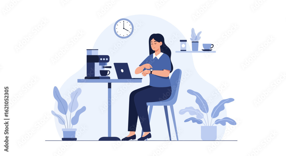 Woman Checking Time at Work With Laptop And Coffee Machine Illustration Woman Checking Time at Work With Laptop And Coffee Machine Illustration