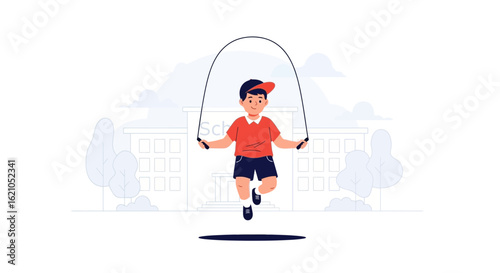 Illustration of a cheerful young boy jumping rope in front of school building