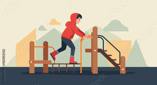 Illustration of a child playing in a playground with mountains in the background on a sunny day