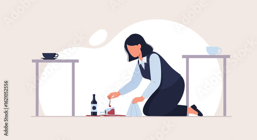 Woman Cleaning Spilled Wine From the Floor Shows Responsibility and Diligence in Maintaining Cleanliness and Preventing Further Damage