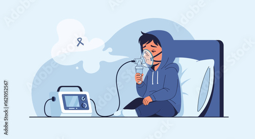 Illustration Of A Child Using Nebulizer Treatment In Bed For Respiratory Issues