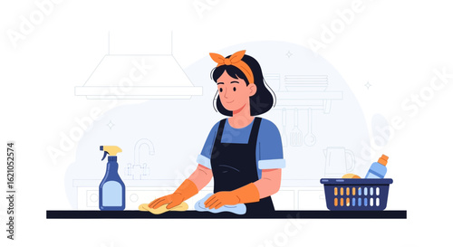 Woman cleaning the kitchen counter using spray and a rag, with cleaning supplies in a basket on a bright day
