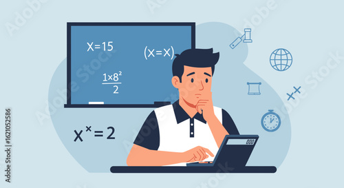 Thoughtful student with laptop studying math in front of a chalkboard problems and equations
