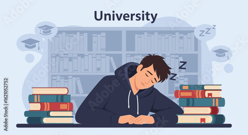 Tired Student Asleep on Books in Library During Study Session Exhausted