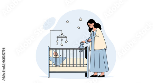 Tired Mother Near Baby's Crib At Night Concept Design Illustration Vector