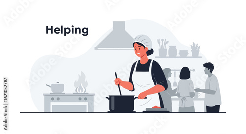 Illustration of a collaborative kitchen scene featuring a chef and helpers preparing food together showcasing community and teamwork