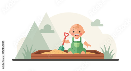 Toddler Enjoys Playing With Sand In A Sandbox On A Sunny Day