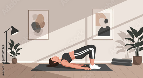 Woman Doing Bridge Exercise At Home For Strength And Stability Wellbeing