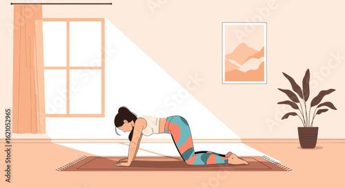 Woman Doing Cat Cow Pose In Bright Room During Morning Routine Illustration