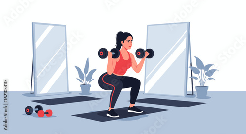 Woman Doing Dumbbell Squats In Front Of Mirrors In Home Setting