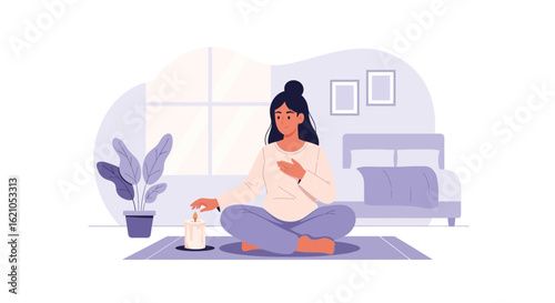 Woman Doing Meditation In Her Bedroom Light Aromatic Candle For Relaxation