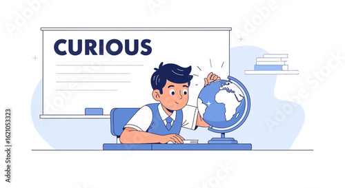 Illustration of a curious student exploring the globe in classroom setting with blackboard