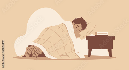 Tranquil Slumber Young Man Under Blanket Cozy Bedroom Read Bedtime Story