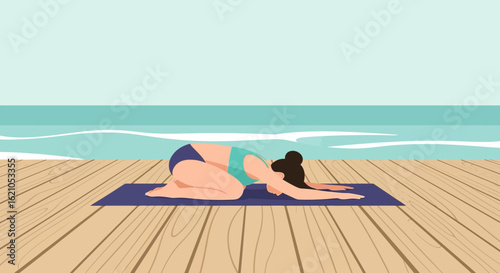 Tranquil Seaside: Woman Practicing Child's Pose Yoga on Wooden Dock