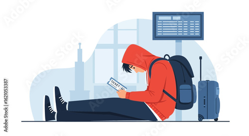 Traveler awaiting flight with ticket at airport, illustration representing travel and leisure