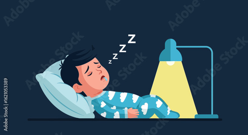 Illustration Of A Deeply Asleep Boy With His Bedside Lamp At Night