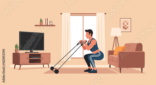 Woman Doing Squats with Resistance Bands for Workout at Home