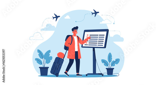 Traveler Checks Flight Schedule At Airport For New Adventures In The World