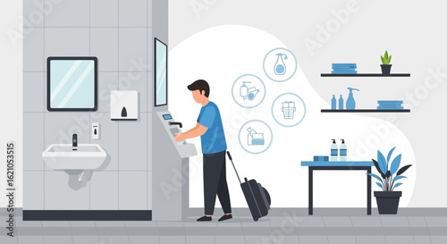Traveling Man Using Automated Hand Sanitizing Hygiene Station At Modern Location