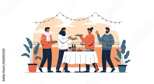 Trendy Party Gathering With Friends Enjoying Delicious Food and Drinks