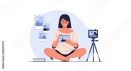 Illustration of a female photographer taking photos with tablet and camera