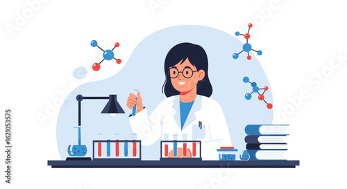 Illustration of a female scientist working in laboratory with chemical substances