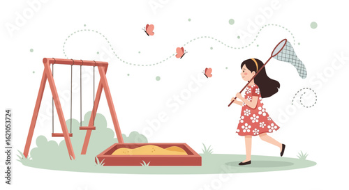 Illustration of a girl catching butterflies in a park during a bright sunny day