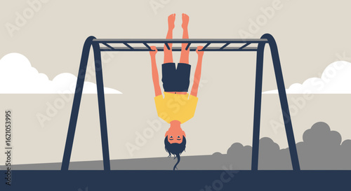 Illustration of a girl hanging upside down from monkey bars at playground with clouds background, promoting outdoor activity