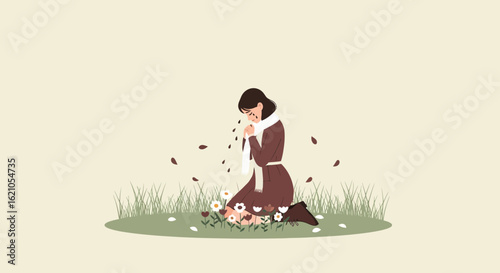 Illustration of a grieving woman kneeling in a field of flowers during autumn representing sadness and loss