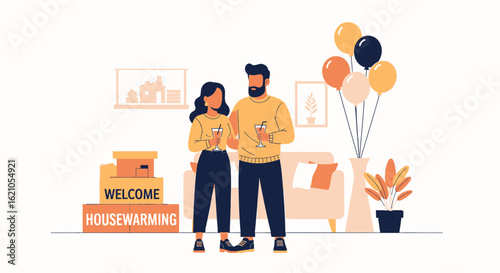 Illustration of a happy couple celebrating their new home with housewarming party