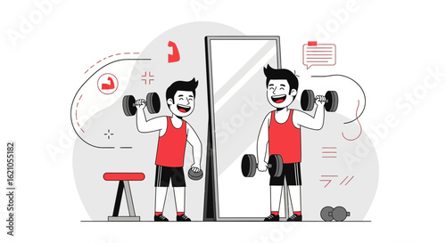Illustration of a happy man lifting dumbbells and admiring his reflection after workout fitness goal achievement concept