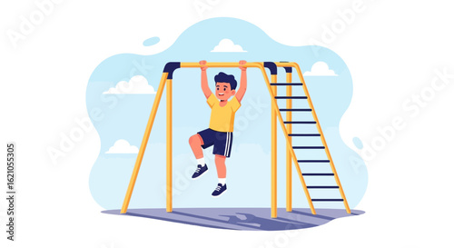 Illustration of a joyful boy exercising on a monkey bar at a sunny playground