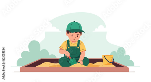 Illustration of a little boy playing with sand in a sandbox with toys