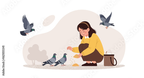 Illustration of a kind woman feeding pigeons in a park with peaceful atmosphere