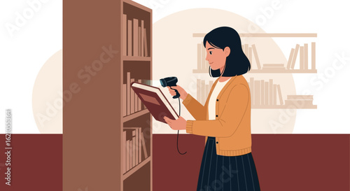 Illustration of a librarian scanning books in a library with shelves and a scanner efficiently